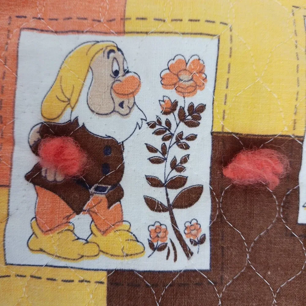 Vtg  Handmade Baby Quilt Flannel Disney Snow White Dwarfs MCM Tied